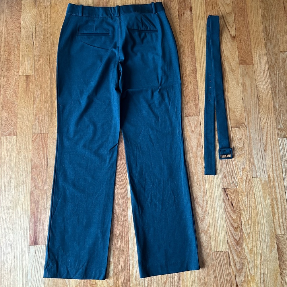 Theory Belted Wool Straight Leg Trousers Dress Pants Dark Green Blue - Size 6